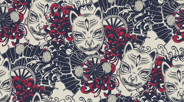 Vector seamless pattern with a kitsune mask on the japanese theme. all colors are in a separate group. ideal for printing onto fabric and decoration