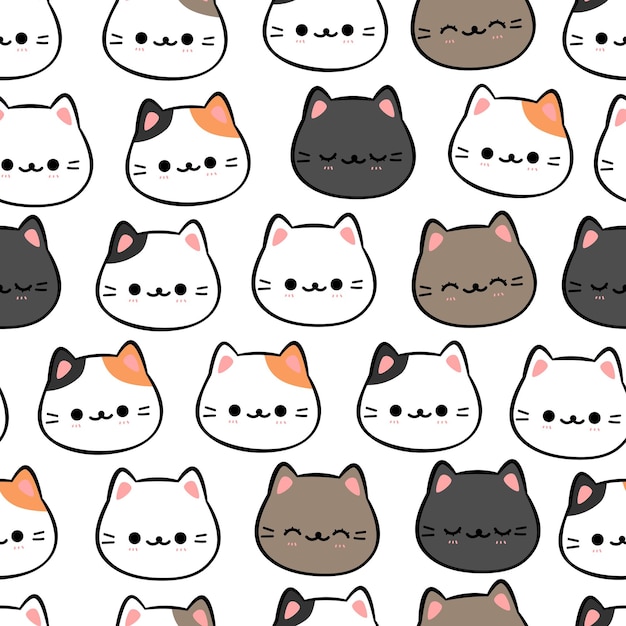 seamless pattern with kitty cat head cartoon doodle