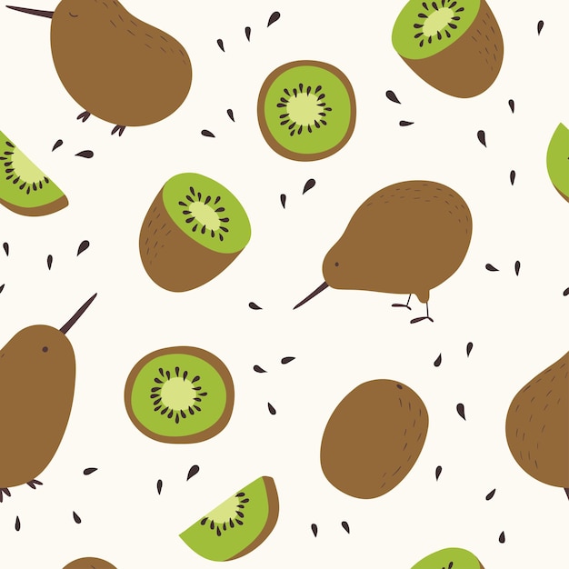 Seamless pattern with kiwi birds and fruits. doodle cartoon style. funny kids fabric print.