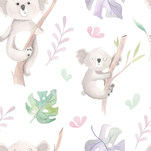 Seamless pattern with koala and leaves