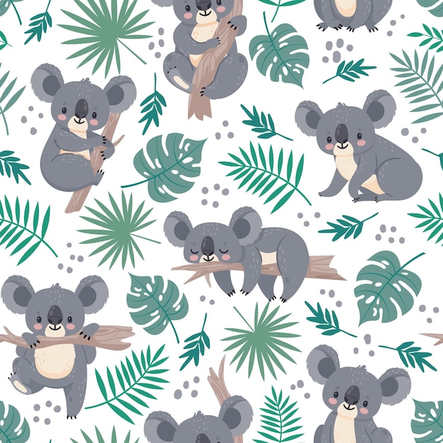 Vector seamless pattern with koalas. cute australian bears and tropical leaves. cartoon baby koala design. vector nature background for kids. illustration koala australia wallpaper, leaf and animal wrapping