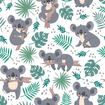 Seamless Pattern With Koalas. Cute Australian Bears And Tropical Leaves. Cartoon Baby Koala Design. Vector Nature Background For Kids. Illustration Koala Australia Wallpaper, Leaf And Animal Wrapping