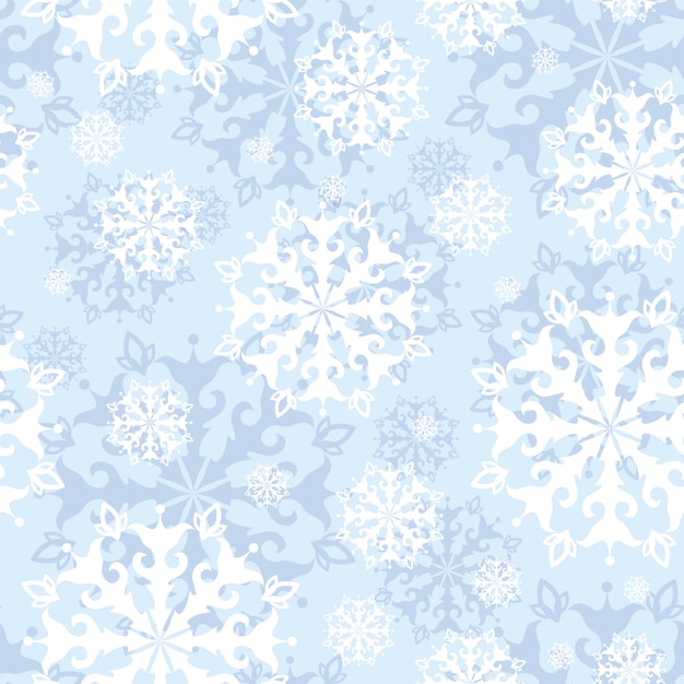 Vector seamless pattern with lacy snowflakes on a gentle blue background. 