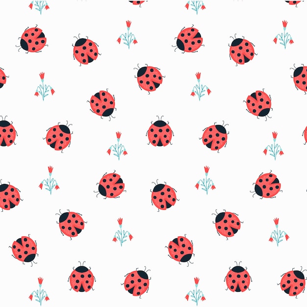 Seamless pattern with ladybug and botanical elements. Vector pattern in cartoon style. For fashion, fabric, wallpaper and all prints on a white background