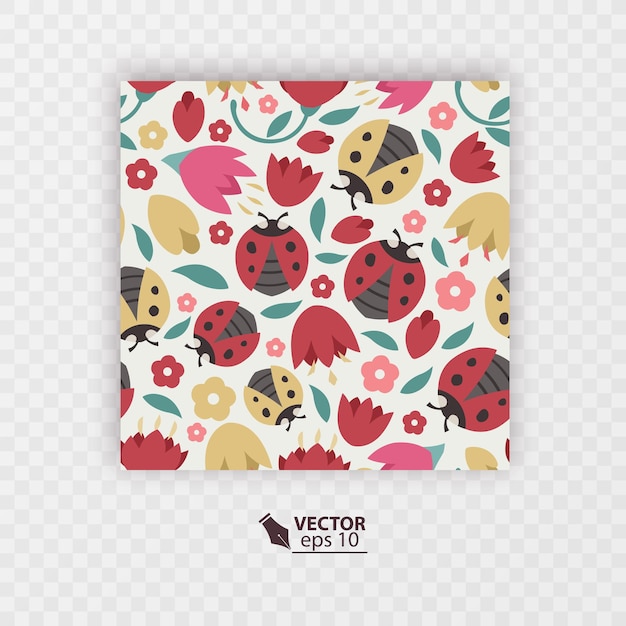 Vector seamless pattern with ladybug and flowers in flat style, vector illustration