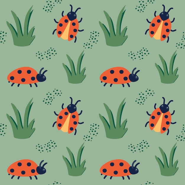 Seamless pattern with ladybugs and grass. Insects crawl among plants. Vector illustration.