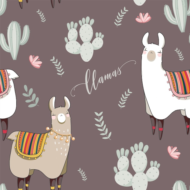 Seamless pattern with Lama in cartoon style. Hand drawn vector illustration. Elements for greeting card, poster, banners. T-shirt, notebook and sticker design.