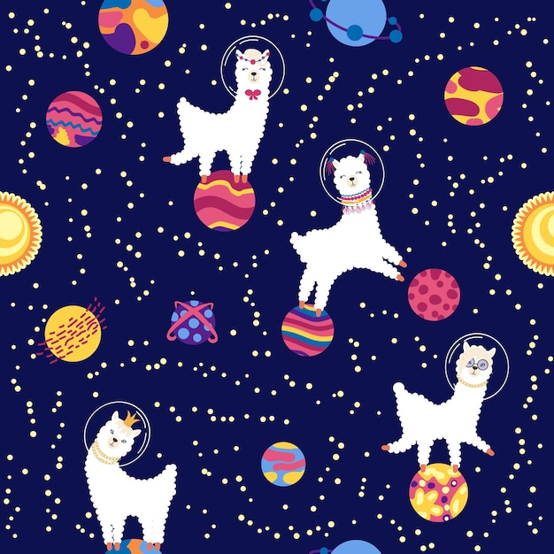 Seamless pattern with lama in a rocket in space lama travels adventures among the stars cute pattern with alpaca