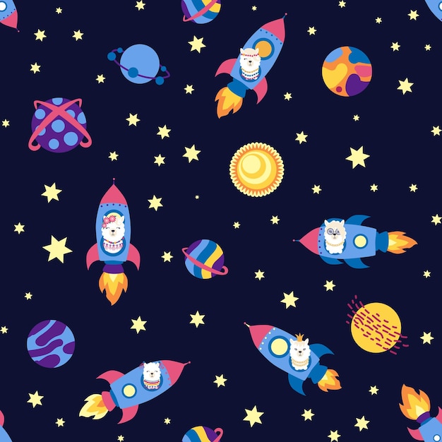 Seamless pattern with lama in a rocket in space Lama travels adventures among the stars Cute pattern with alpaca