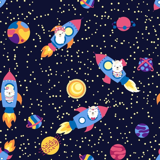 Seamless pattern with lama in a rocket in space Lama travels adventures among the stars Cute pattern with alpaca