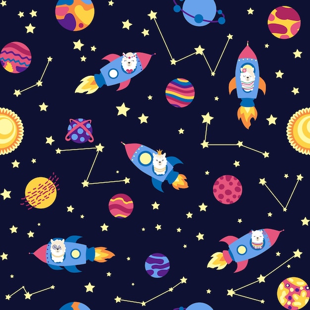 Seamless pattern with lama in a rocket in space Lama travels adventures among the stars Cute pattern with alpaca