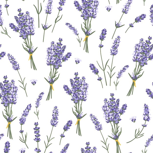 Vector seamless pattern with lavender bouquets and single flowers herbal design for fabric home textile