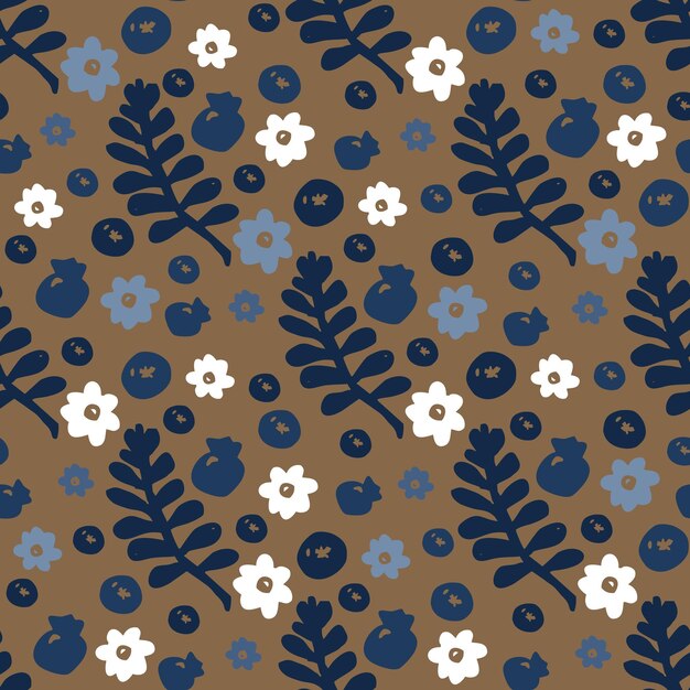 Seamless pattern with leaves and berries flowers