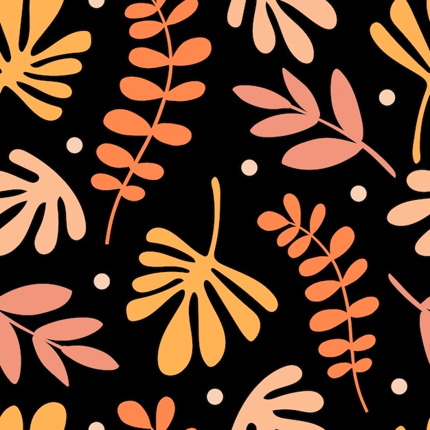 Seamless pattern with leaves on black background. Hand drawn vector illustration.