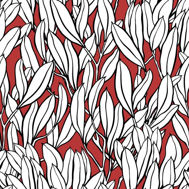 Seamless pattern with leaves and branches vector background line art illustration texture for print fabric design