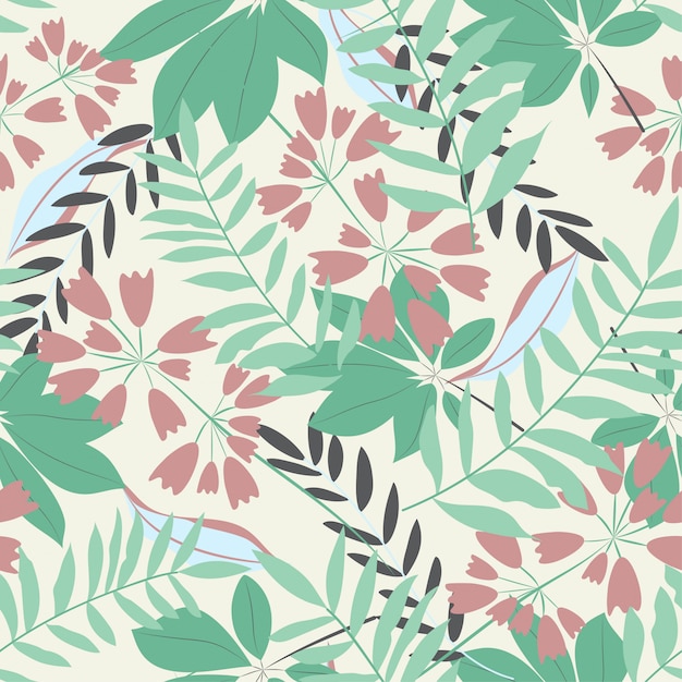 Seamless pattern with leaves and flowers in pastel colors