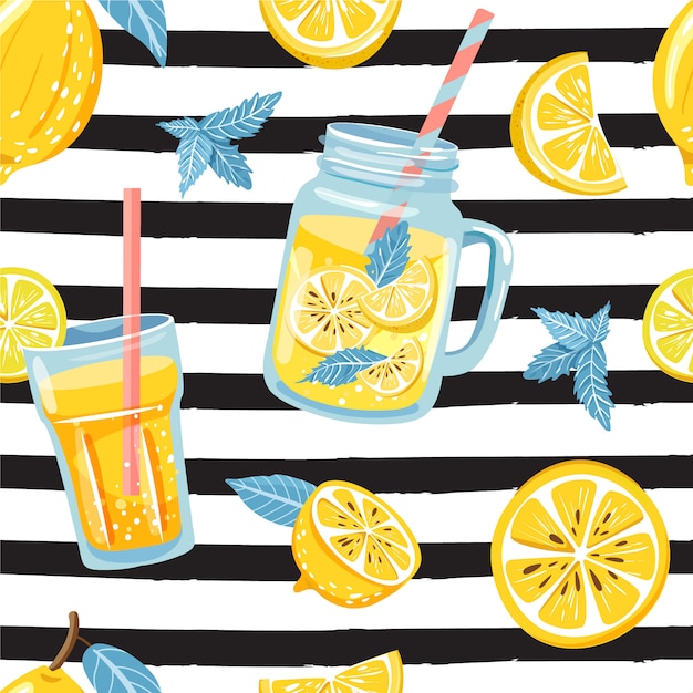 Vector seamless pattern with lemon, lemon slice, mint, flower, jar with lemonade.