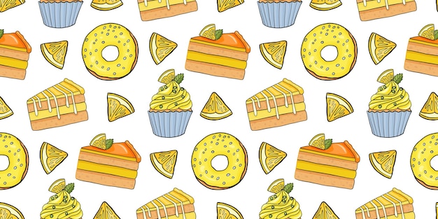 Seamless pattern with lemons desserts