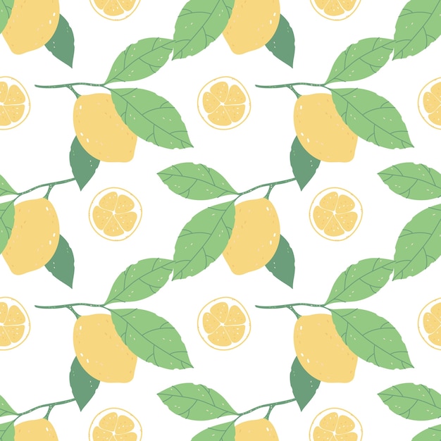 Vector seamless pattern with lemons and leaves on a white background