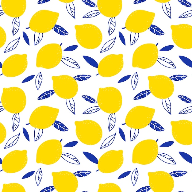 Seamless pattern with lemons and leaves on a white background