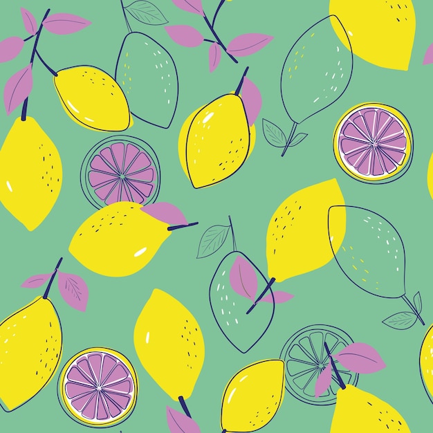 Seamless pattern with lemons on the mint green