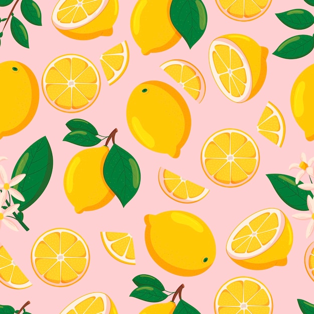 Seamless Pattern with Lemons Sliced and Whole Citrus Fruits on Pink Background Blooming Flowers Branches and Pieces