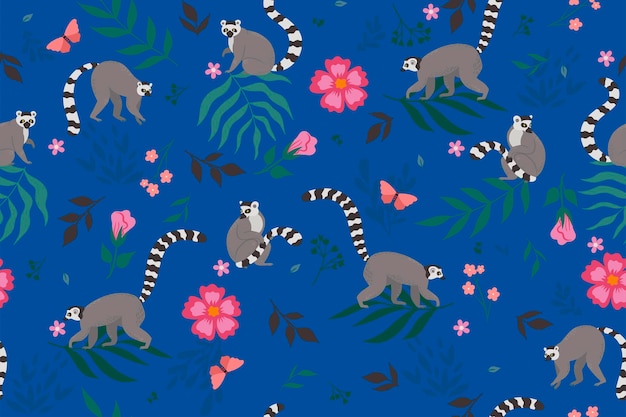 Seamless pattern with lemurs and flora elements. vector graphics.