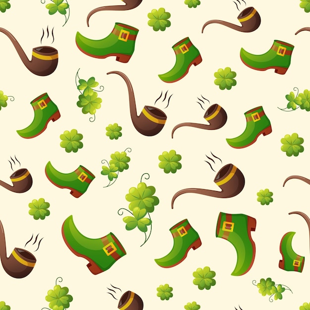 Seamless pattern with leprechaun green shoes and pipes with lucky clovers