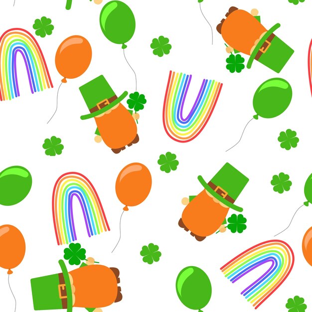 Seamless pattern with leprechaun.  Pattern for st Patrick's Day with balloons, rainbow and shamrocks