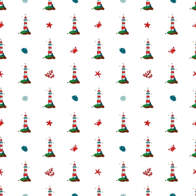 Seamless pattern with lighthouse crabs starfish shell and caral Design for fabric textile