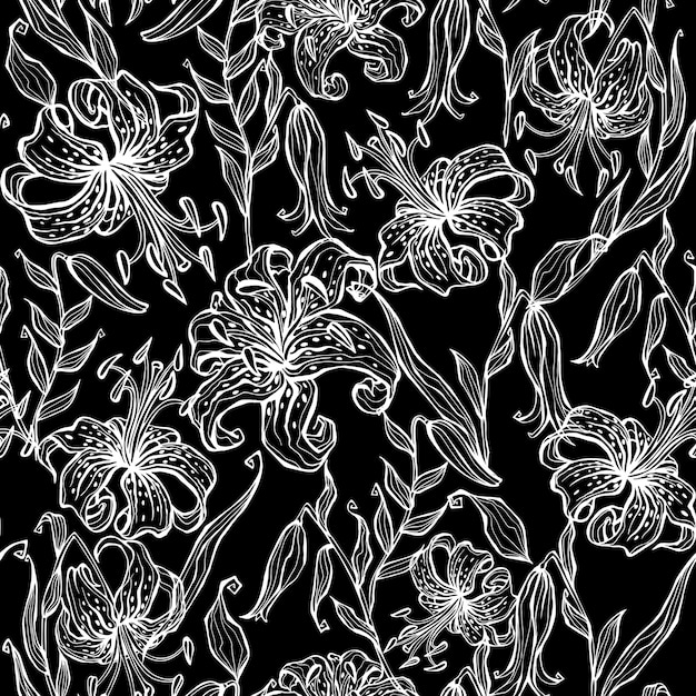 Seamless pattern with lilies. Monochrome. Graphics. 