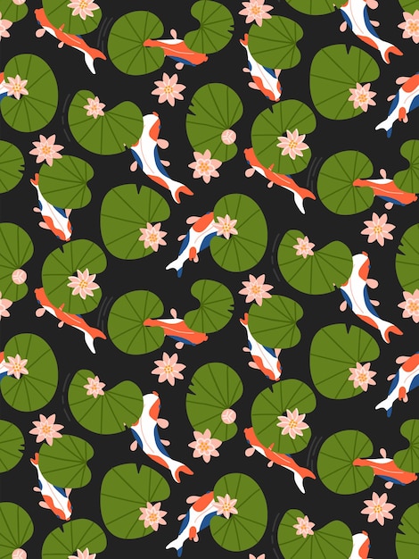 Seamless pattern with lily flowers leaves and koi carp in pond on dark