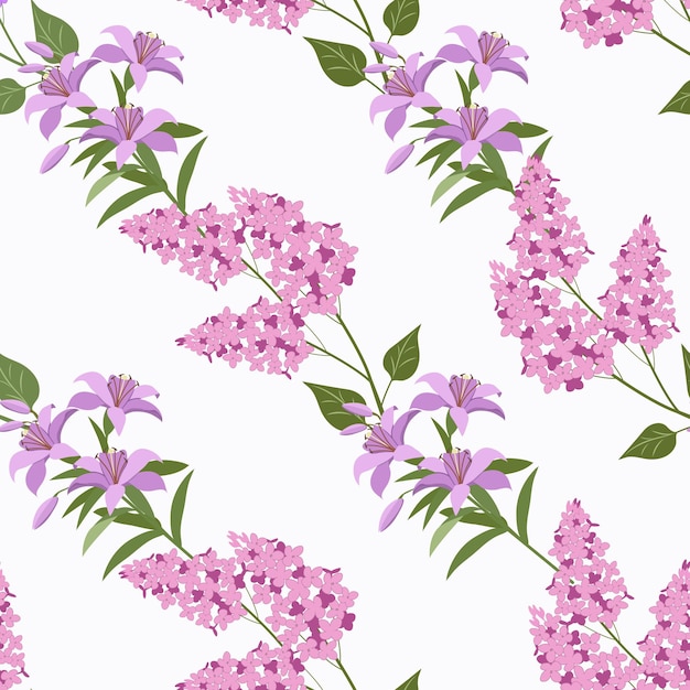 Vector seamless pattern with lily and lilac on white backgroundvector illustrationfor decorating textiles packaging web design