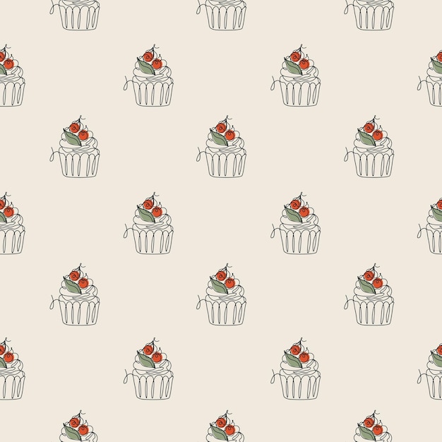 Vector seamless pattern with line art style cupcake