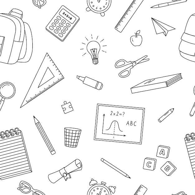 Seamless pattern with line school supplies Background to school elements Stationery