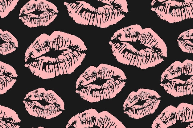 Vector seamless pattern with lip prints full pink lips on dark