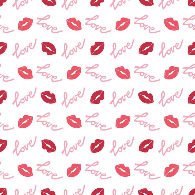 Seamless pattern with lips and the word love on a white background.