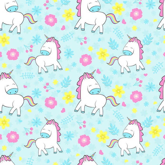 Seamless pattern with little unicorns and cute flowers Print for kids clothes fabric and phone case