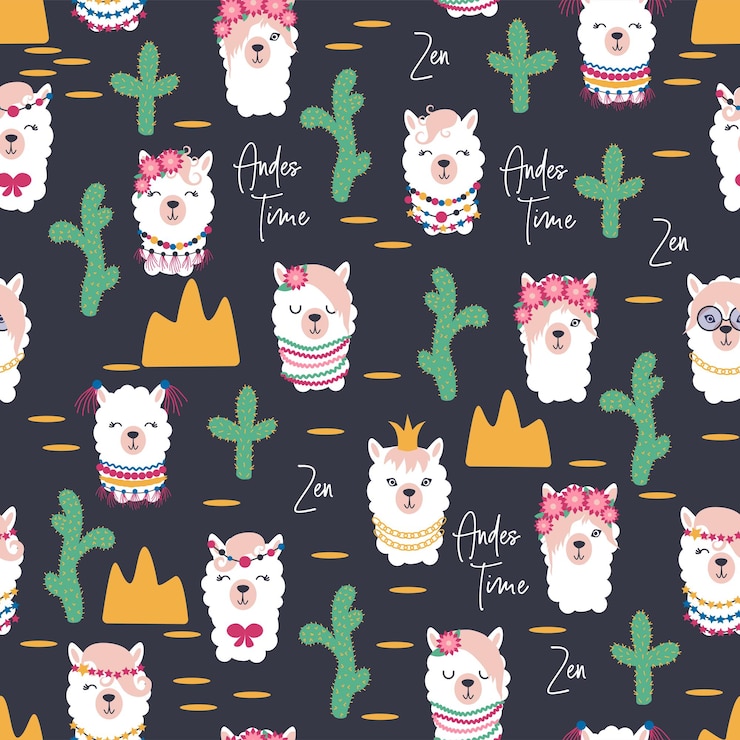 Vector seamless pattern with llama alpaca faces cute drawings of llama head with hearts inscription mountains cacti star dreamcatcher