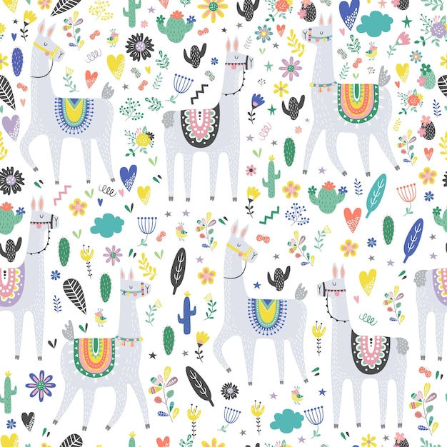 Seamless pattern with llama, cactus, rainbow and hand drawn elements.  