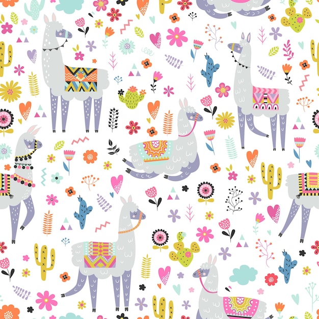 Seamless pattern with llama, cactus, rainbow and hand drawn elements.