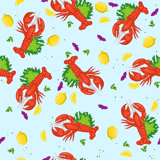 Seamless pattern with lobsters and lemons.