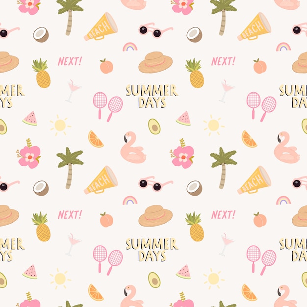 Vector seamless pattern with a lot of beach and summer elements