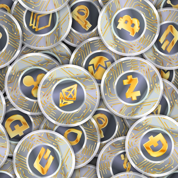 Vector seamless pattern with a lot of coins with microchip pattern and most popular cryptocurrency signs like - bitcoin, ethereum, ripple, litecoin, peercoin, nxt, namecoin, bitshares, stratis, dash and zcash