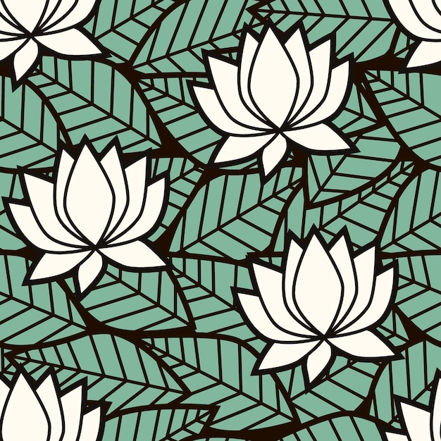 Seamless pattern with Lotus Oriental lilies on the leaves