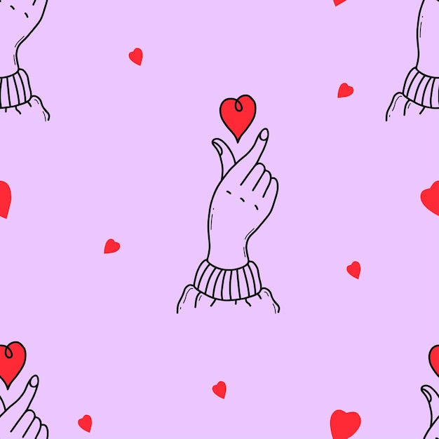 Seamless pattern with love hand gesture with hearts on purple background Linear hand drawn doodle