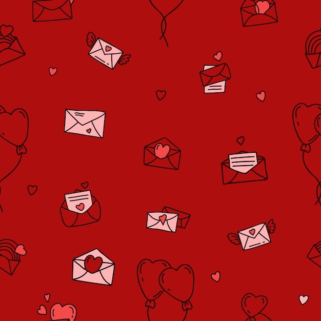 Seamless pattern with love letters hearts wings rainbows and Balloons on burgundy background