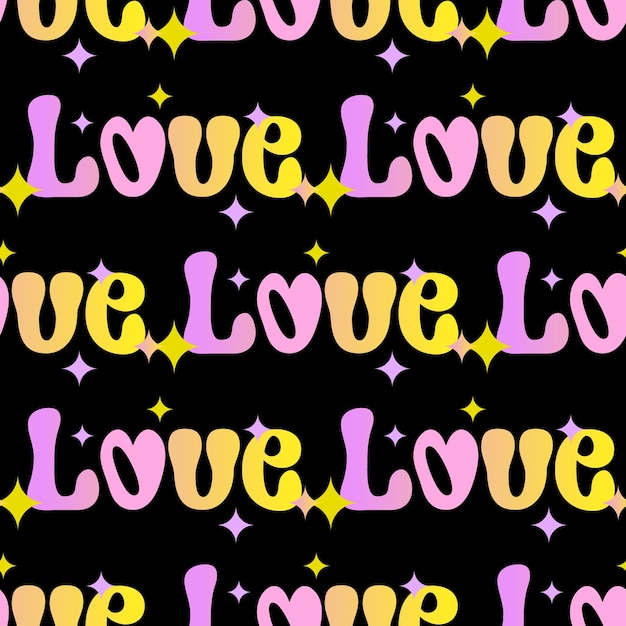 Seamless pattern with love text pink yellow color in groovy style on black background