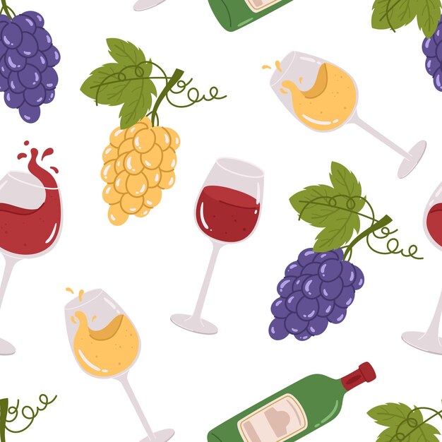 ベクトル 緑豊かなブドウと渦巻く蔓のボトルとグラスのシームレスなパターン タイル背景ワイン愛好家に最適繰り返しワイナリー モチーフ漫画ベクトル図とエレガントで時代を超越したデザイン