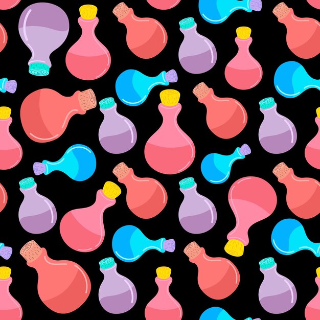 Seamless pattern with magic potions on a black background. Magic elixir pattern. The concept of Halloween and witchcraft.Vector stock illustration